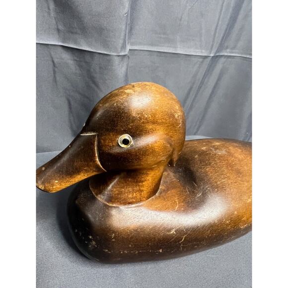 Vintage Large Hand Carved Wooden Duck Decoy with Glass Eyes Dark Wood - Picture 3 of 6